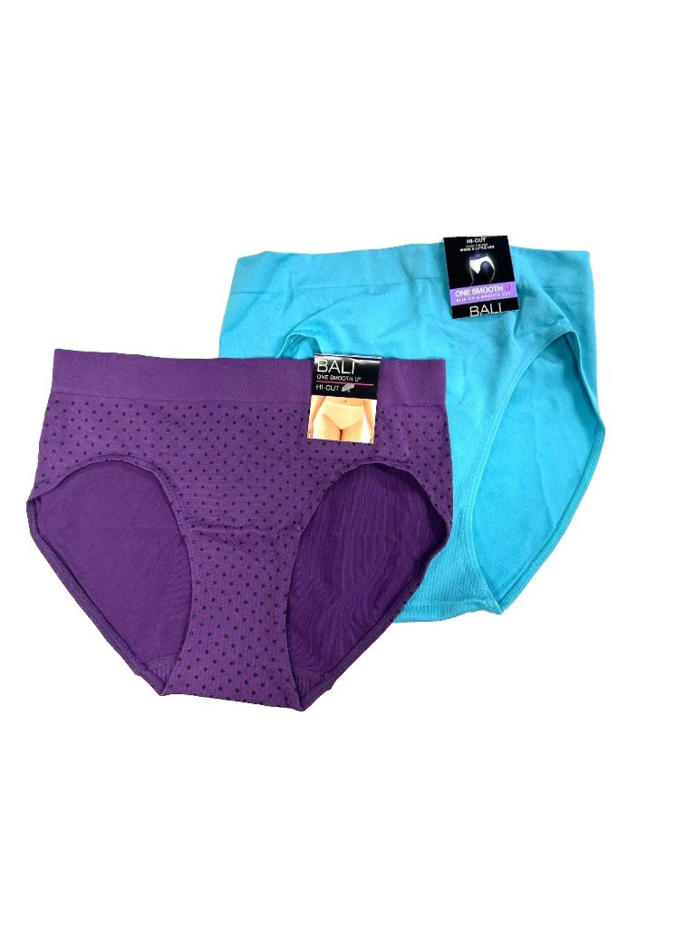 Bali Womens 2-Pack Smooth U Hi-Cut Brief Size XL/8 Blue Purple Dot Nylon Spandex